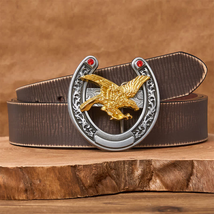 Gold Eagle Western Horseshoe Shape Buckle Leather Belt - Gold Eagle - Brown Distressed Belt - 42 - image 5