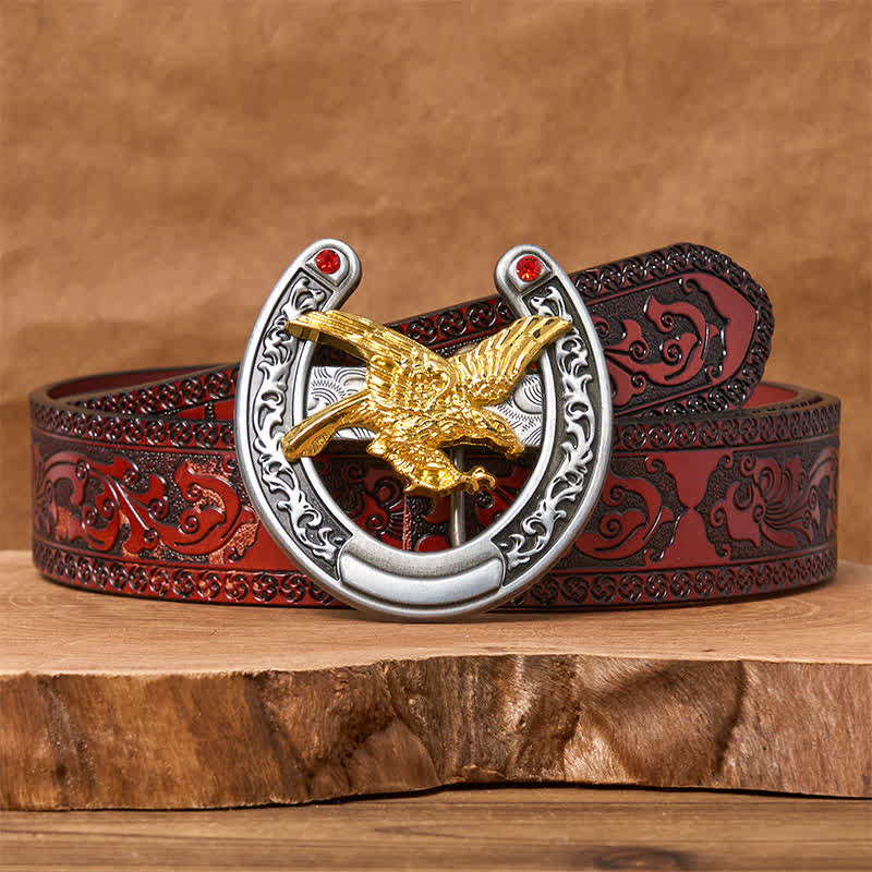 Gold Eagle Western Horseshoe Shape Buckle Leather Belt - Gold Eagle - Brown Carved Belt - 42 - image 6