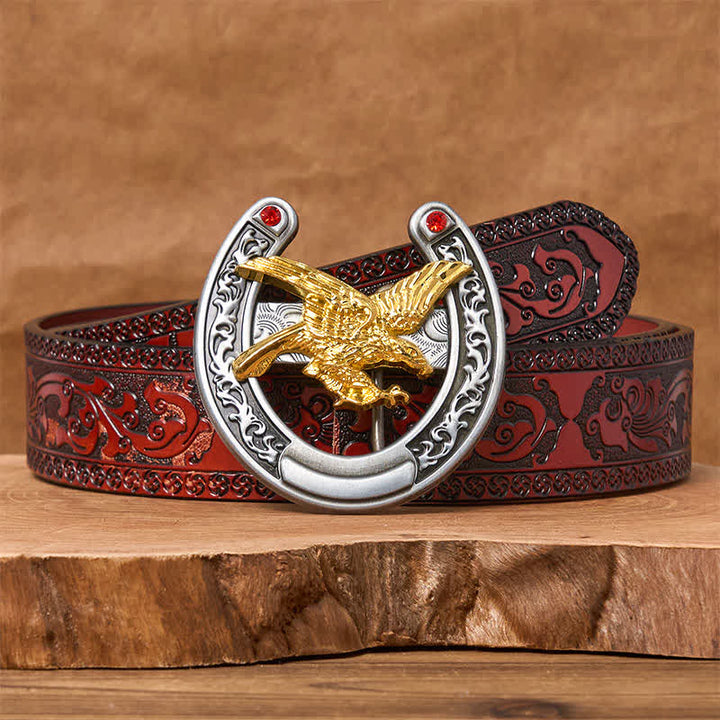Gold Eagle Western Horseshoe Shape Buckle Leather Belt - Gold Eagle - Brown Carved Belt - 42 - image 6