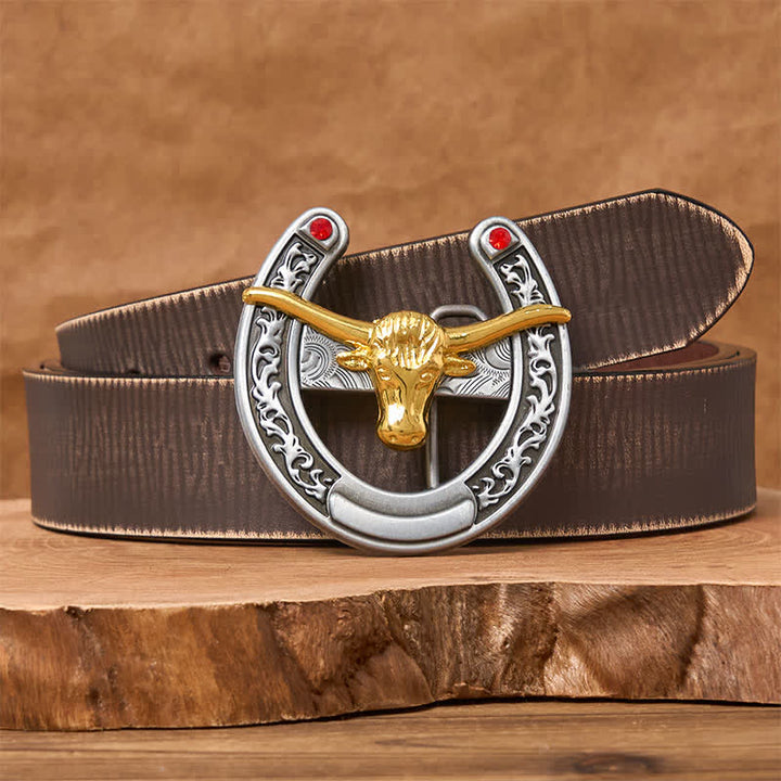 Gold Bull Head Western Horseshoe Shape Buckle Leather Belt - Gold Bull - Brown Distressed Belt - 42 - image 5