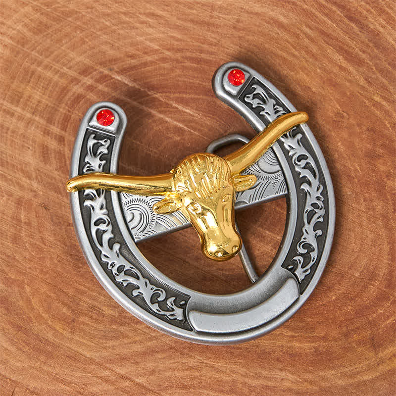 Gold Bull Head Western Horseshoe Shape Buckle Leather Belt - image 1