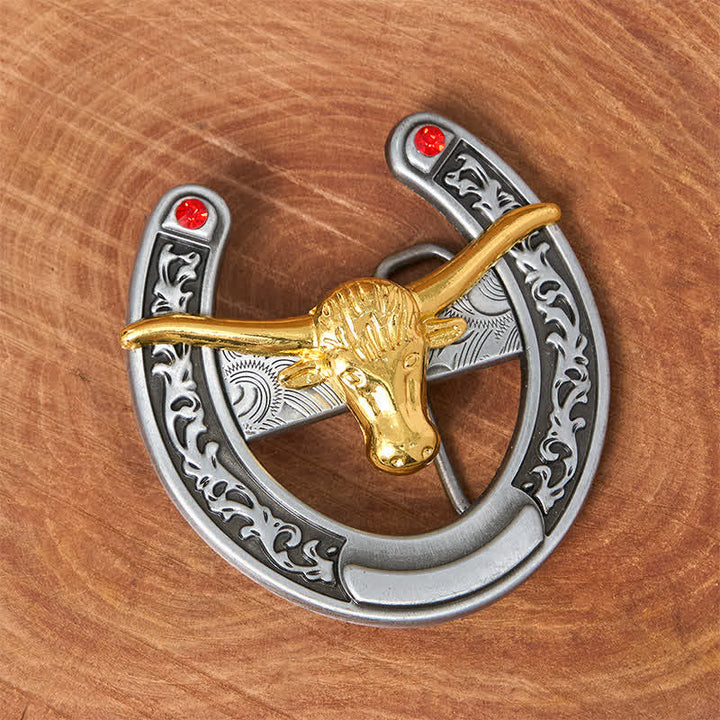 Gold Bull Head Western Horseshoe Shape Buckle Leather Belt - image 1