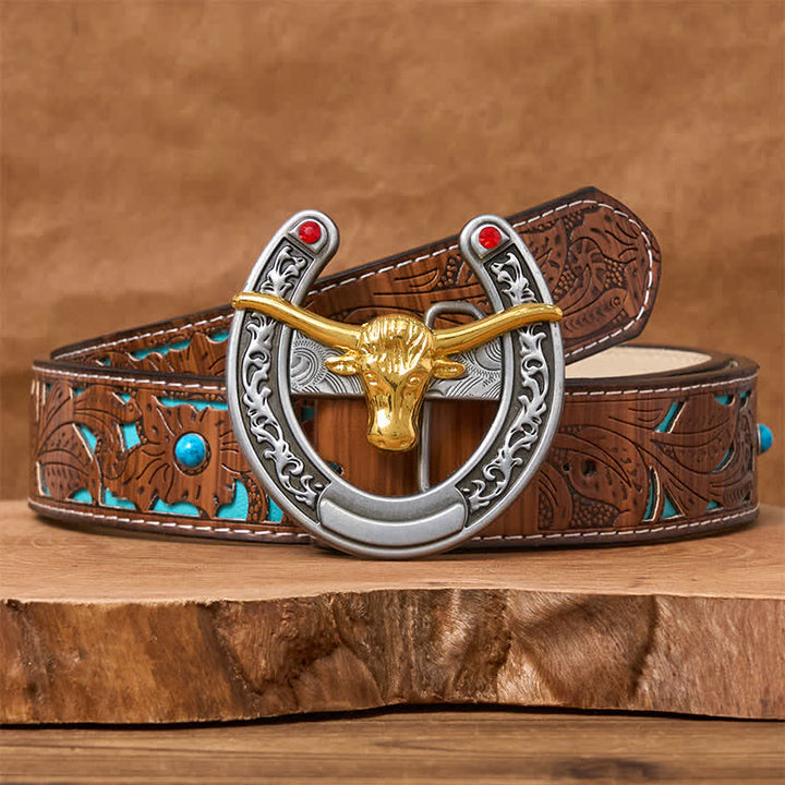 Gold Bull Head Western Horseshoe Shape Buckle Leather Belt - Gold Bull - Turquoise Carved Belt - 42 - image 3
