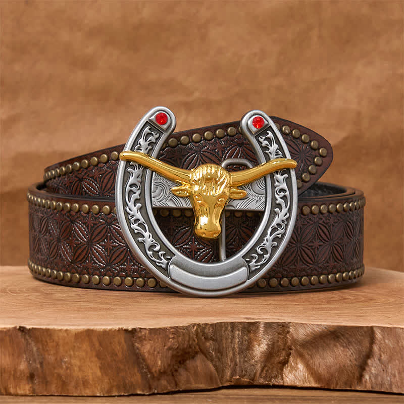 Gold Bull Head Western Horseshoe Shape Buckle Leather Belt - Gold Bull - Brown Rivet Belt - 42 - image 4