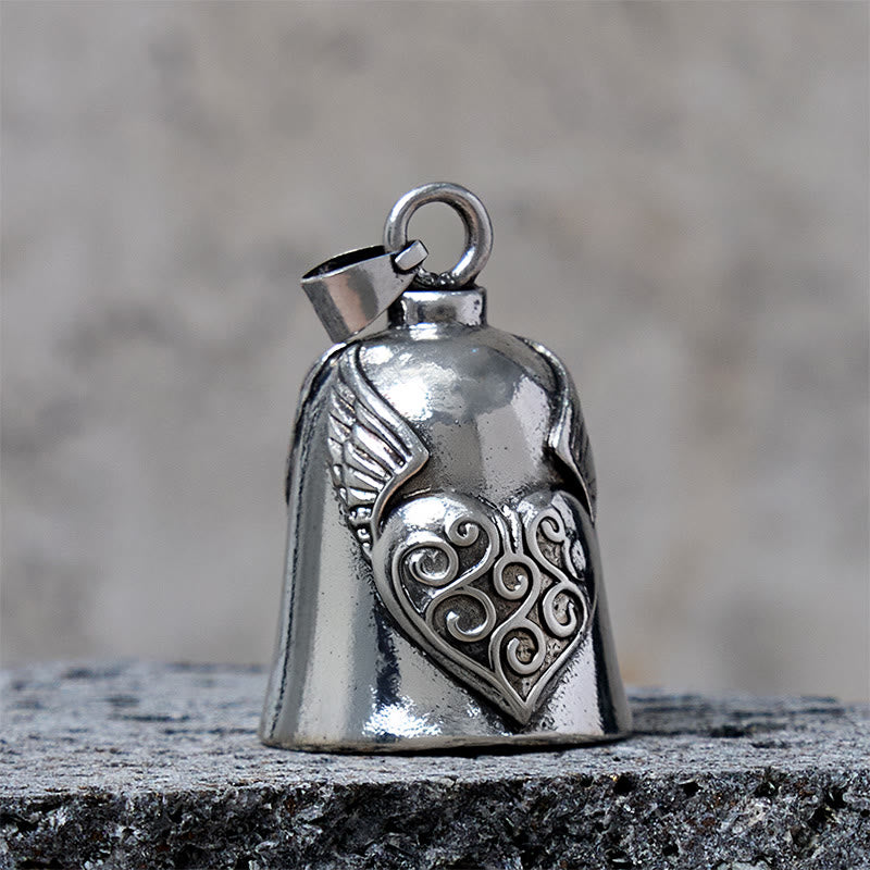 Vintage Silver Wing Heart Bell Keychain - image 2