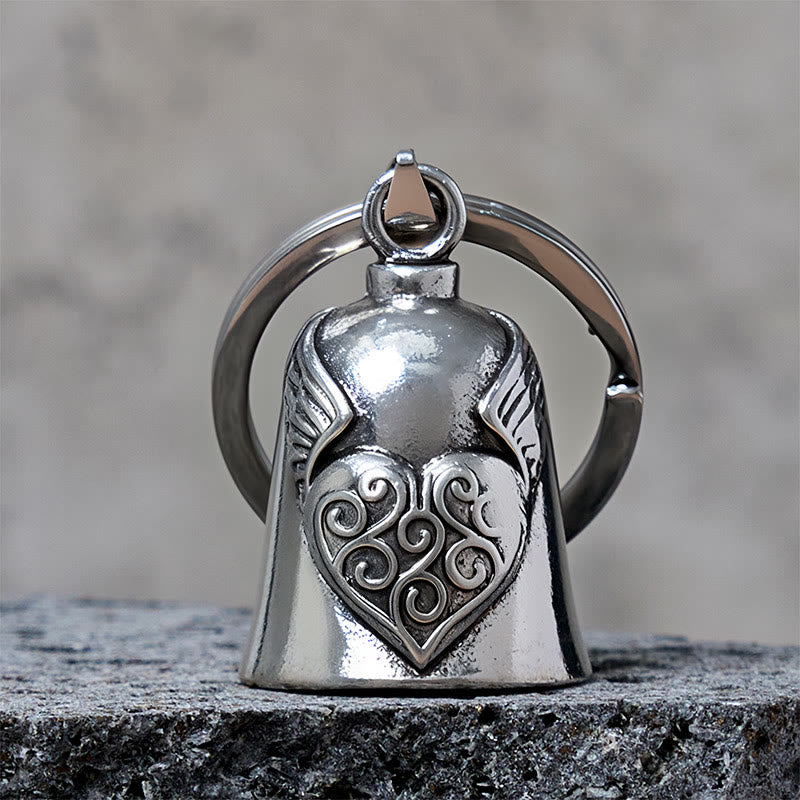 Vintage Silver Wing Heart Bell Keychain - Keychain - image 0