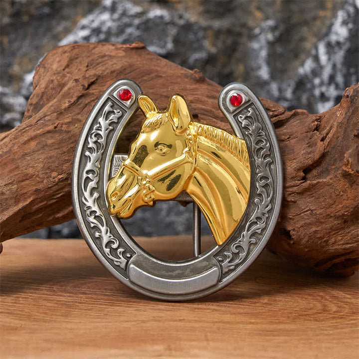 Horse Head & Horseshoe Shape Buckle Leather Belt - Gold Horse - Without Belt - Not Included Belt - image 0
