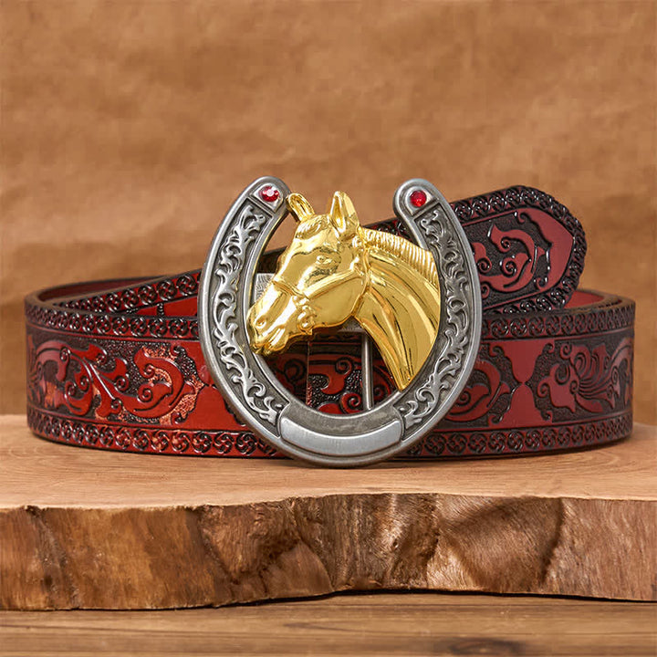Horse Head & Horseshoe Shape Buckle Leather Belt - Gold Horse - Brown Carved Belt - 42 - image 6