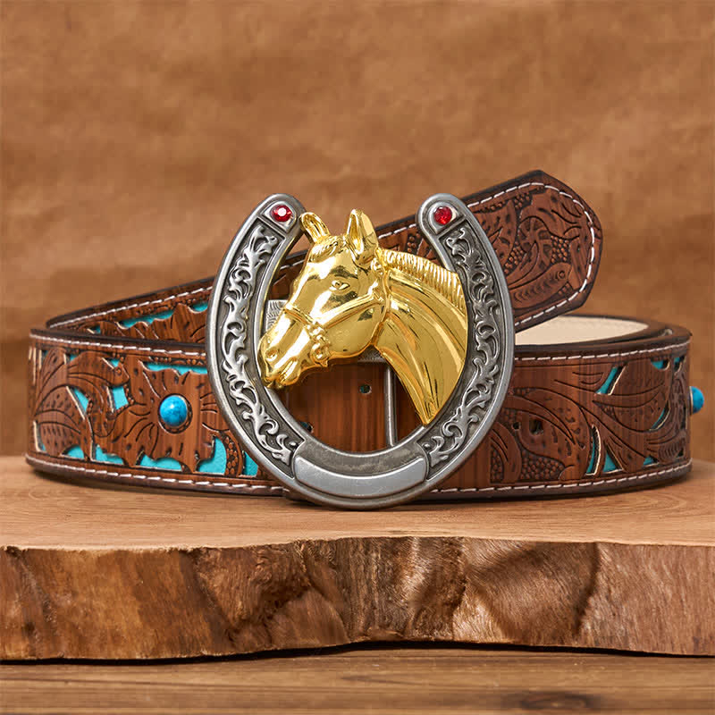 Horse Head & Horseshoe Shape Buckle Leather Belt - Gold Horse - Turquoise Carved Belt - 42 - image 3