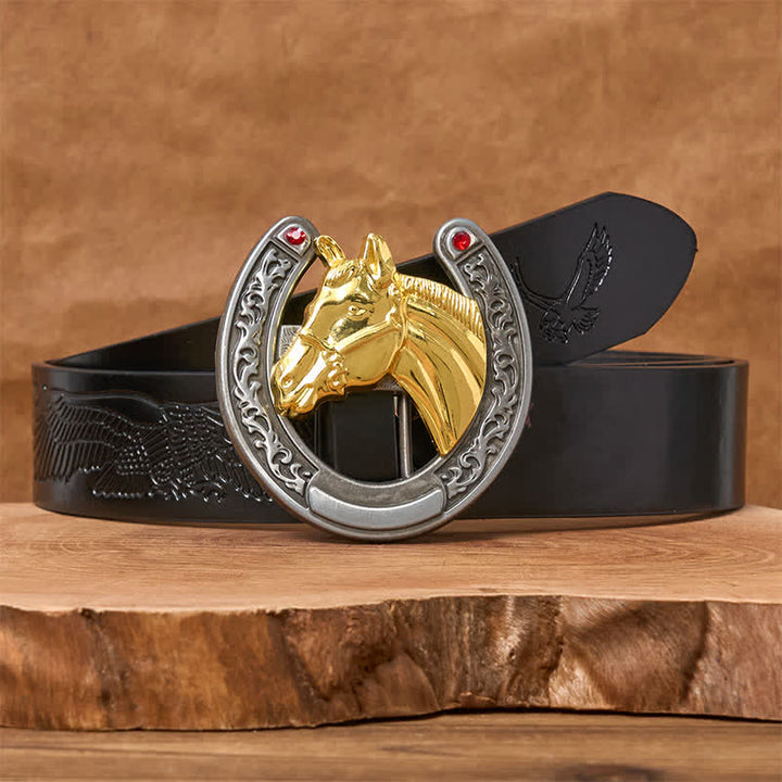 Horse Head & Horseshoe Shape Buckle Leather Belt - Gold Horse - Black Embossed Eagle Belt - 42 - image 2