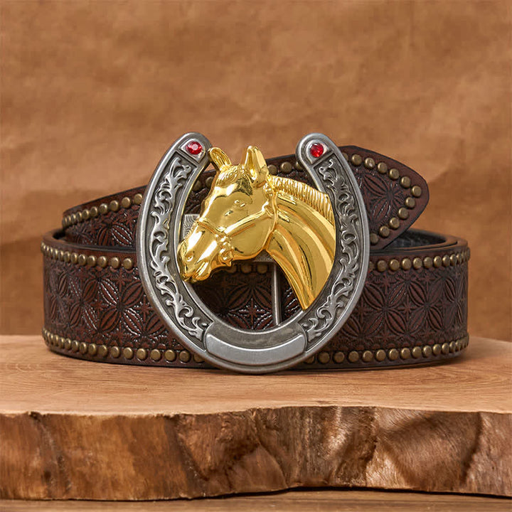 Horse Head & Horseshoe Shape Buckle Leather Belt - Gold Horse - Brown Rivet Belt - 42 - image 4