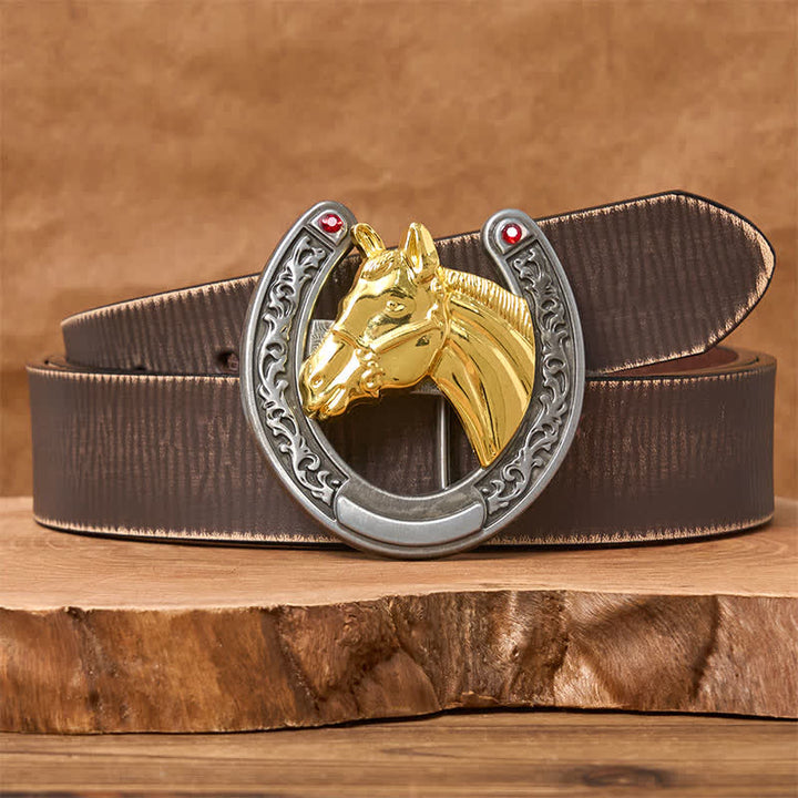 Horse Head & Horseshoe Shape Buckle Leather Belt - Gold Horse - Brown Distressed Belt - 42 - image 5