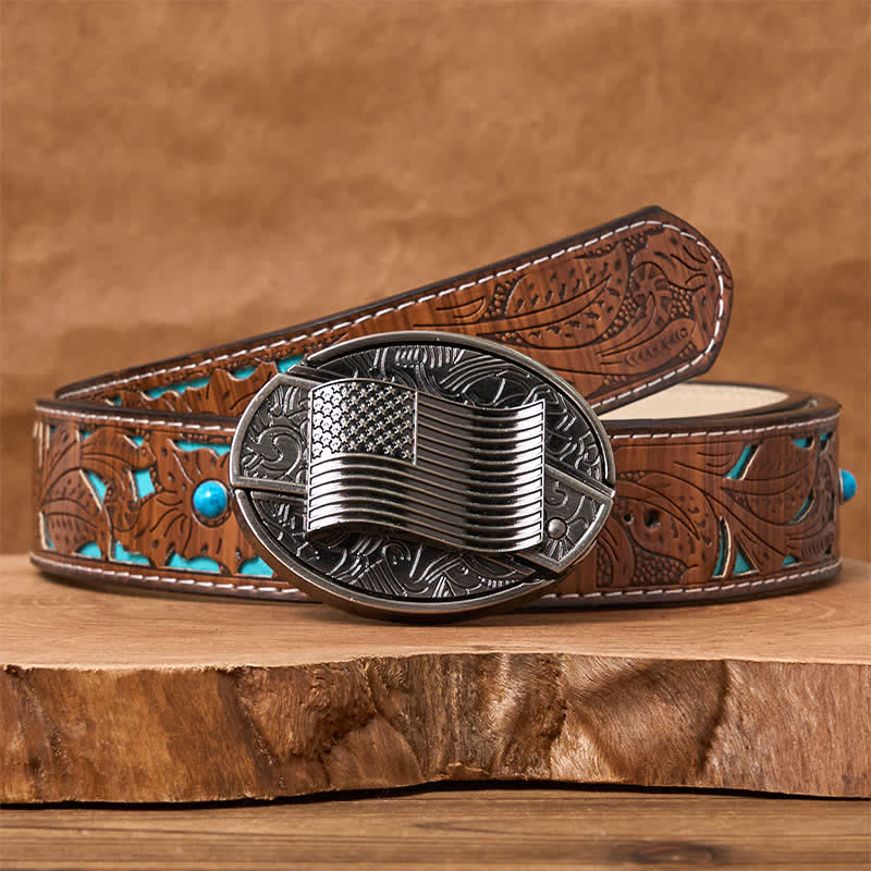 Silver American Flag DIY Hidden Knife Buckle Leather Belt - Turquoise Carved Belt - 42 - image 5