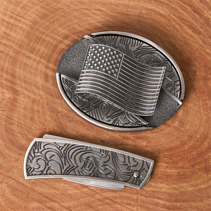 Silver American Flag DIY Hidden Knife Buckle Leather Belt - image 3