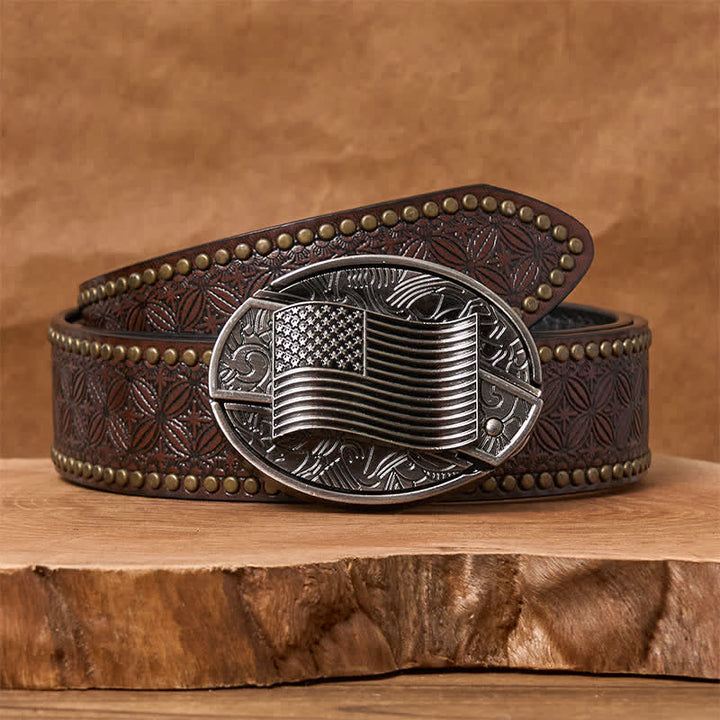 Silver American Flag DIY Hidden Knife Buckle Leather Belt - Brown Rivet Belt - 42 - image 6