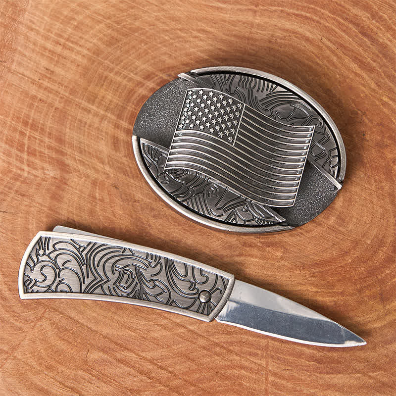 Silver American Flag DIY Hidden Knife Buckle Leather Belt - image 1