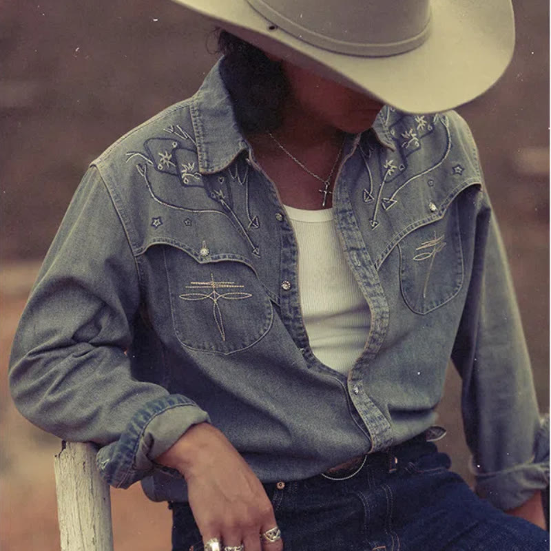 Gambler Embroidered Washed Denim Western Cowboy Shirt - image 0