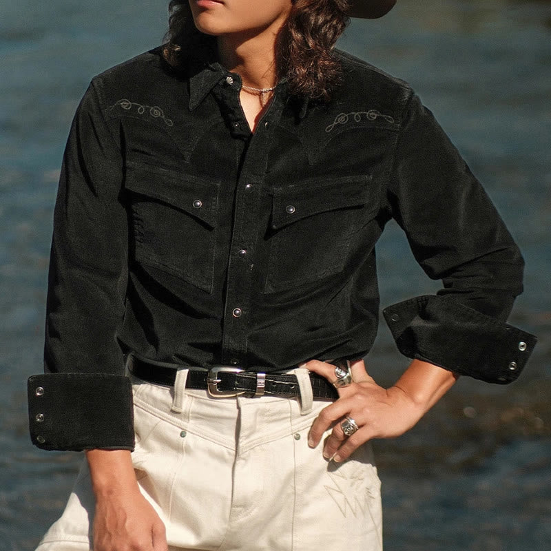 Black Corduroy Embroidery Western Cowboy Shirt - image 0