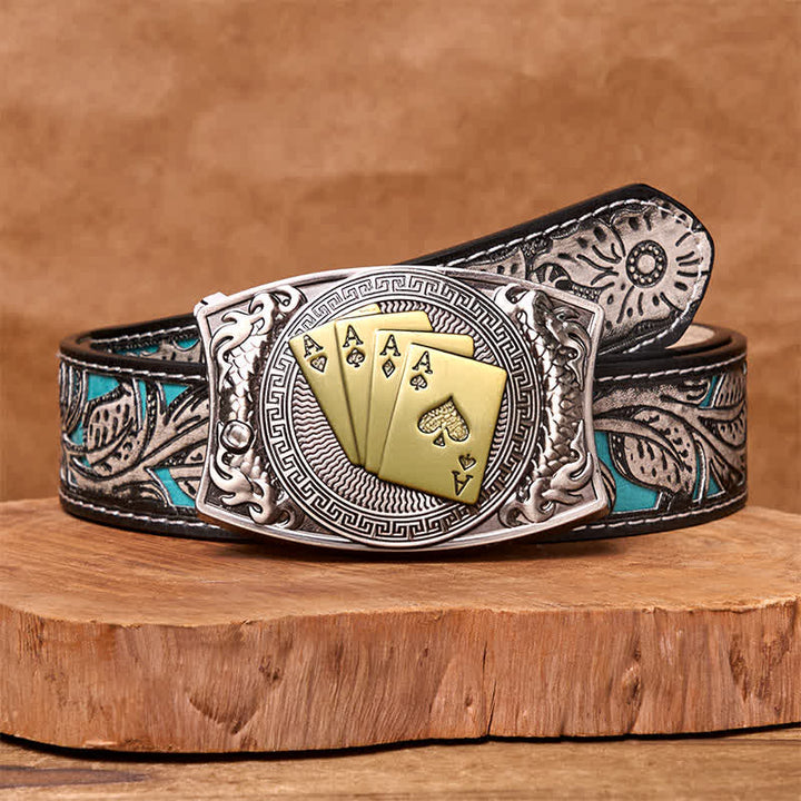 Men's DIY Gold Poker Hidden Folding Knife Leather Belt - Gold Poker - Gray Floral Belt - 42 - image 12