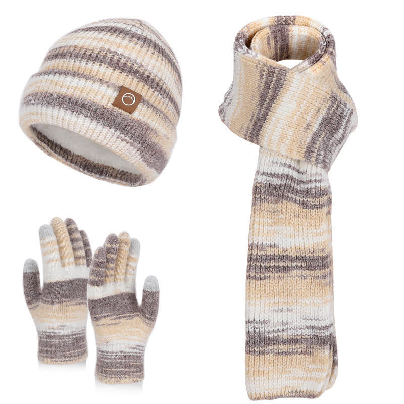 3PCS Multicolour Neutral Stripes Hat Scarf Gloves Set - Khaki - Adjustable (21 5/8"-23 5/8") - image 7