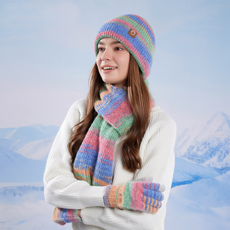3PCS Multicolour Neutral Stripes Hat Scarf Gloves Set - image 2