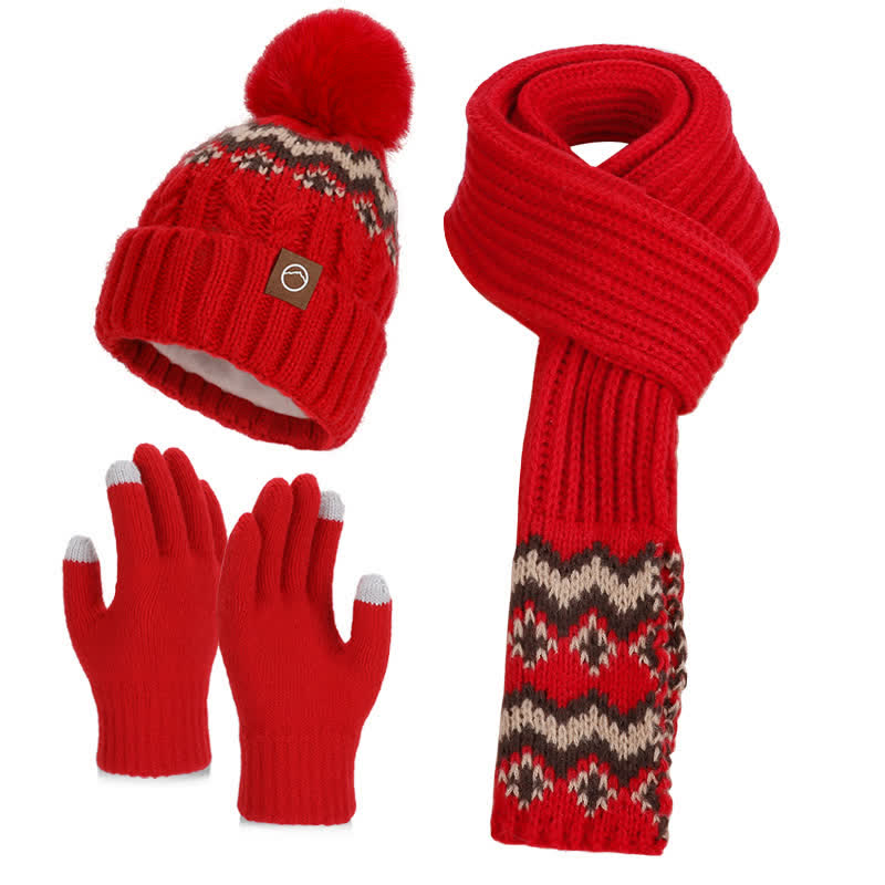 3Pcs Charming Wave Pattern Pom Pom Hat Scarf Gloves Set - Red - Adjustable (21 5/8"-23 5/8") - image 7
