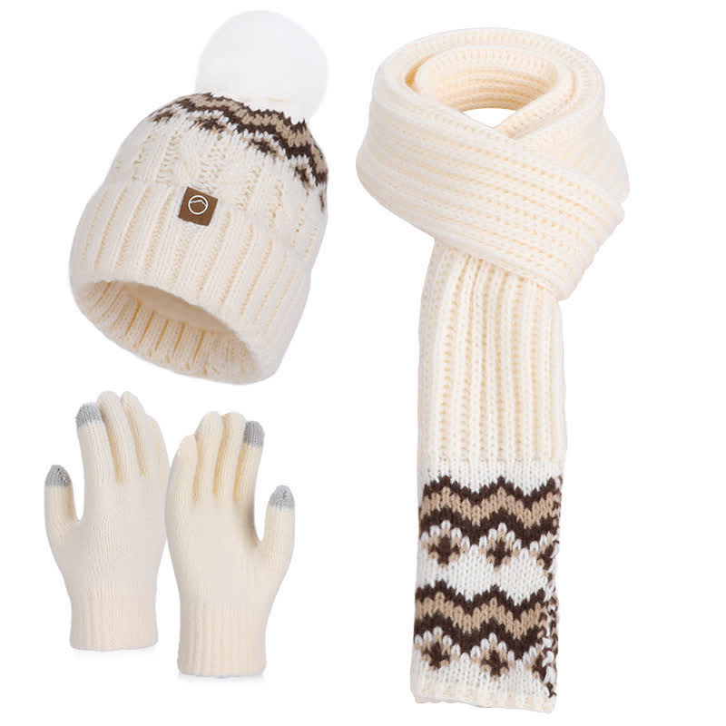 3Pcs Charming Wave Pattern Pom Pom Hat Scarf Gloves Set - Ivory - Adjustable (21 5/8"-23 5/8") - image 3