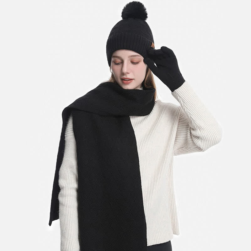 3Pcs Solid Color Fluffy Pom Pom Hat Scarf Gloves Set - image 8