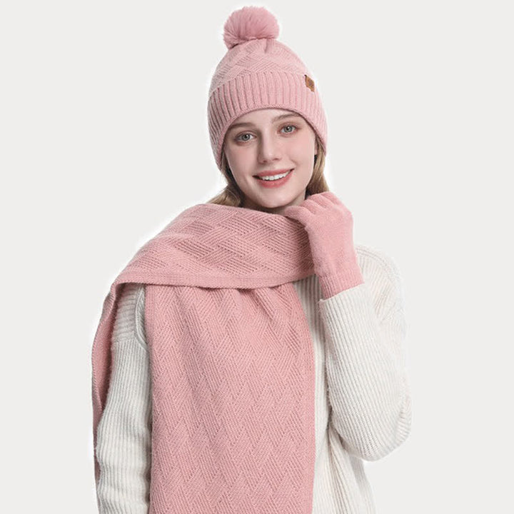 3Pcs Solid Color Fluffy Pom Pom Hat Scarf Gloves Set - image 6