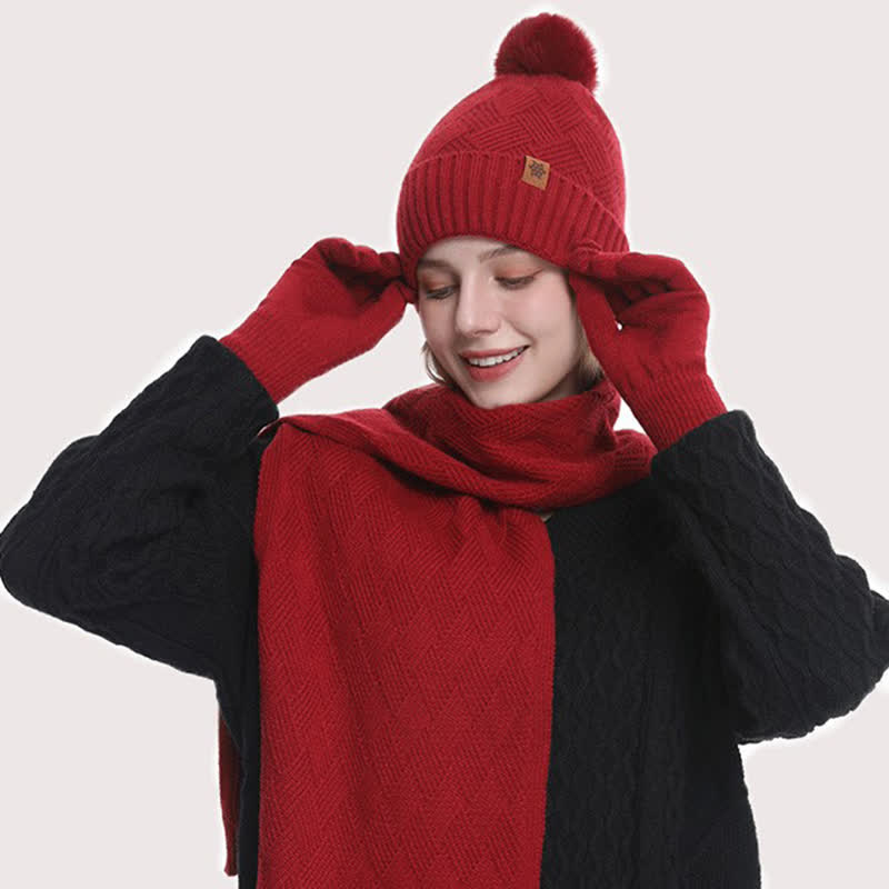 3Pcs Solid Color Fluffy Pom Pom Hat Scarf Gloves Set - image 10