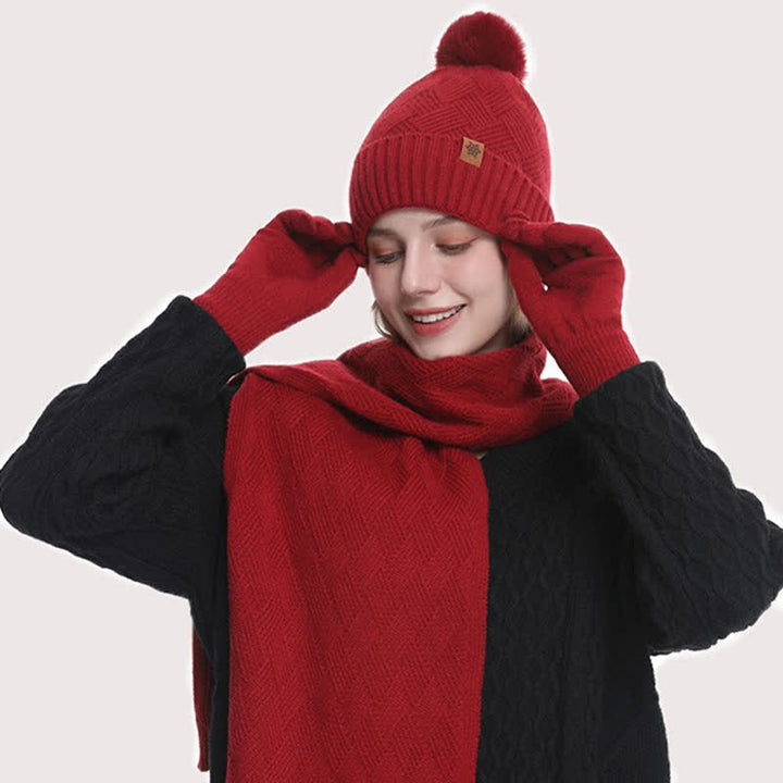 3Pcs Solid Color Fluffy Pom Pom Hat Scarf Gloves Set - image 10