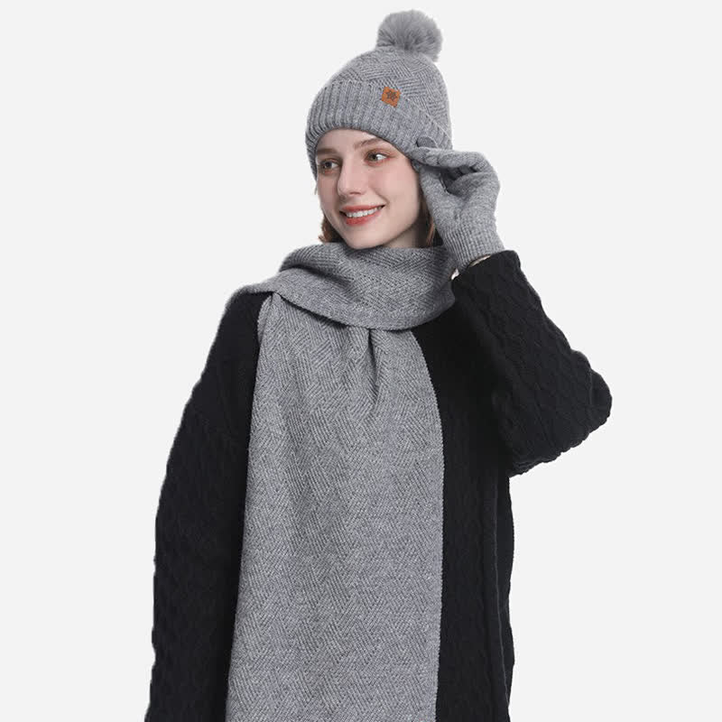 3Pcs Solid Color Fluffy Pom Pom Hat Scarf Gloves Set - image 14