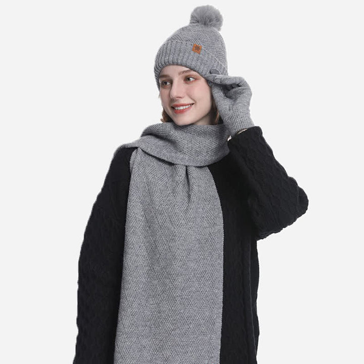 3Pcs Solid Color Fluffy Pom Pom Hat Scarf Gloves Set - image 14