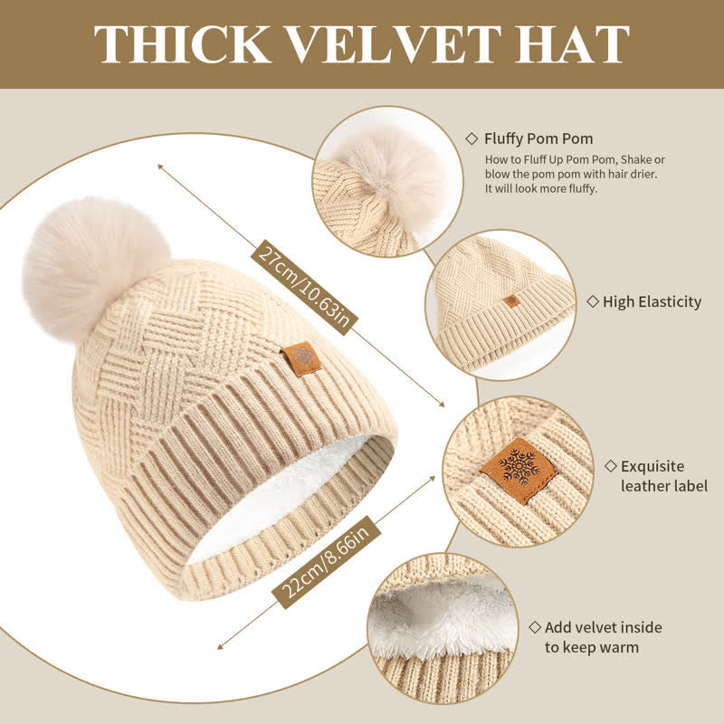 3Pcs Solid Color Fluffy Pom Pom Hat Scarf Gloves Set - image 2