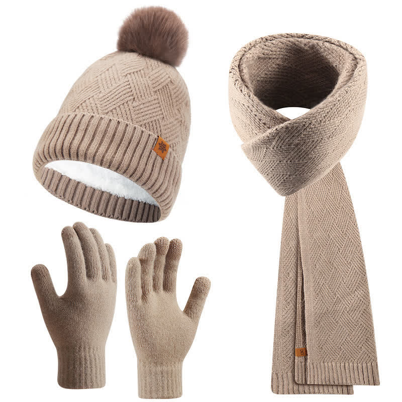3Pcs Solid Color Fluffy Pom Pom Hat Scarf Gloves Set - Dark Khaki - Adjustable (21 1/4"-22 7/8") - image 11