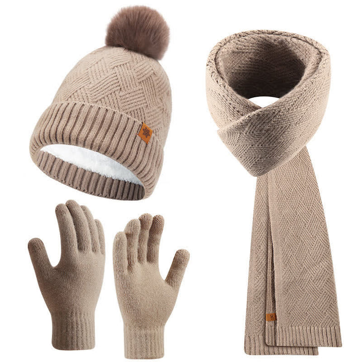 3Pcs Solid Color Fluffy Pom Pom Hat Scarf Gloves Set - Dark Khaki - Adjustable (21 1/4"-22 7/8") - image 11