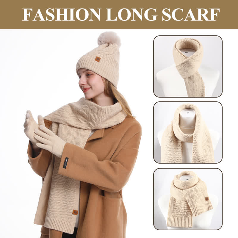 3Pcs Solid Color Fluffy Pom Pom Hat Scarf Gloves Set - image 3