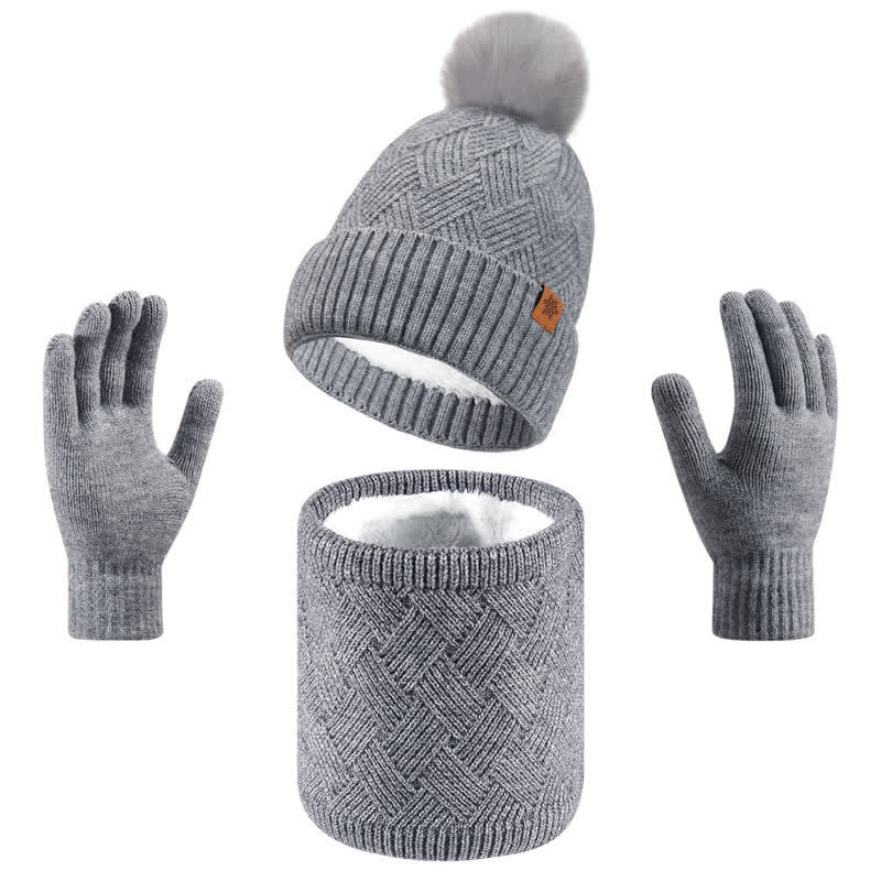 3Pcs Weaving Pattern Hat Neck Gaiter Gloves Set - Gray - Adjustable (21 1/4"-22 7/8") - image 0