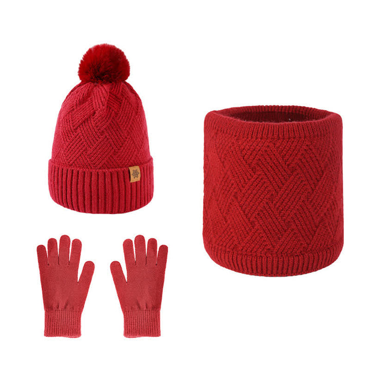 3Pcs Weaving Pattern Hat Neck Gaiter Gloves Set - Red - Adjustable (21 1/4"-22 7/8") - image 10