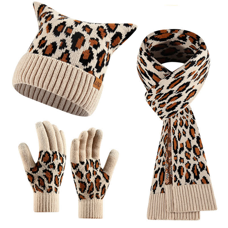 3Pcs Leopard Print Cute Cat Ear Hat Scarf Gloves Set - Beige - Adjustable (21 1/4"-22 7/8") - image 8