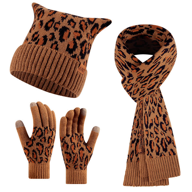 3Pcs Leopard Print Cute Cat Ear Hat Scarf Gloves Set - Coffee - Adjustable (21 1/4"-22 7/8") - image 0