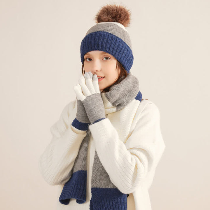 3Pcs Triple Color Block Warm Hat Scarf Gloves Set - image 1