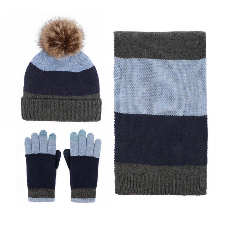 3Pcs Triple Color Block Warm Hat Scarf Gloves Set - Dark Blue - Adjustable (21 1/4"-22 7/8") - image 10