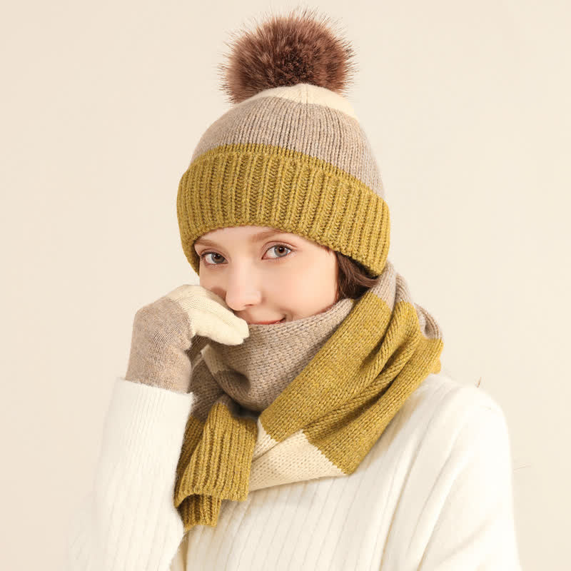 3Pcs Triple Color Block Warm Hat Scarf Gloves Set - image 8