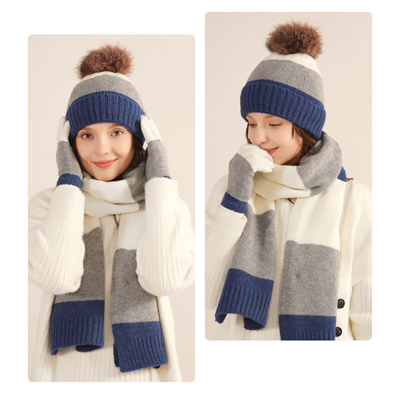 3Pcs Triple Color Block Warm Hat Scarf Gloves Set - image 2