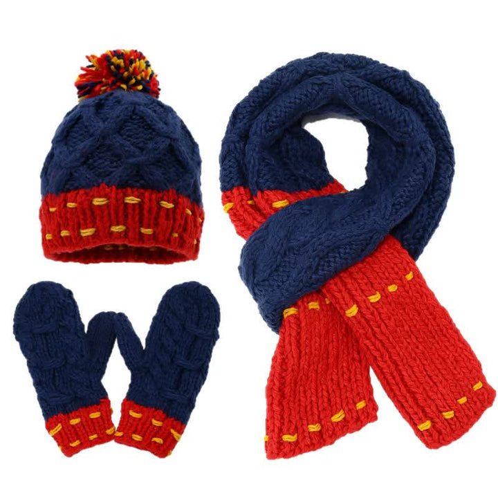3Pcs Trendy Line Design Color-Blocked Hat Scarf Gloves Set - Blue & Red - Adjustable (21 1/4"-22 7/8") - image 0