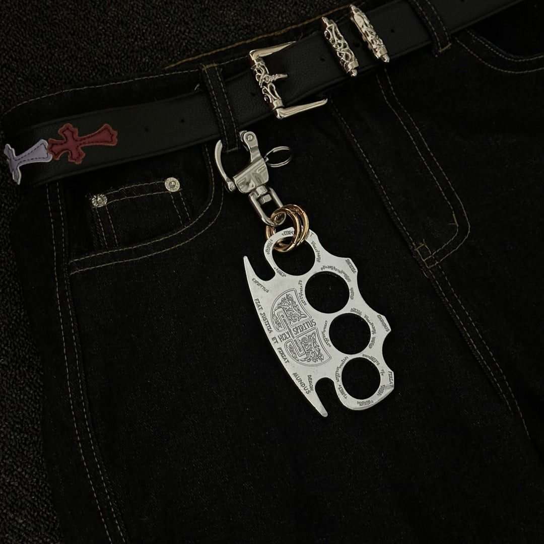 Silver Self-defense Knuckle Duster Double Ring Keychain - image 1