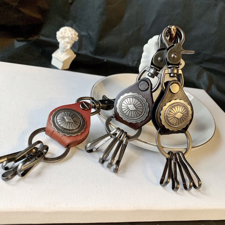 Vintage Silver Round Leather Keychain With Pendant - image 0