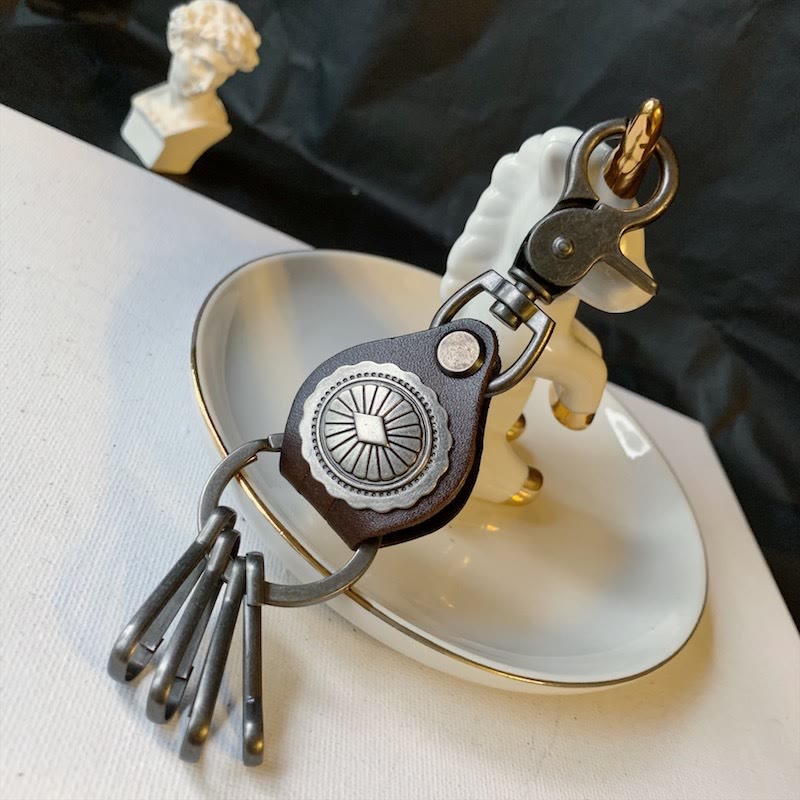 Vintage Silver Round Leather Keychain With Pendant - Coffee - image 4