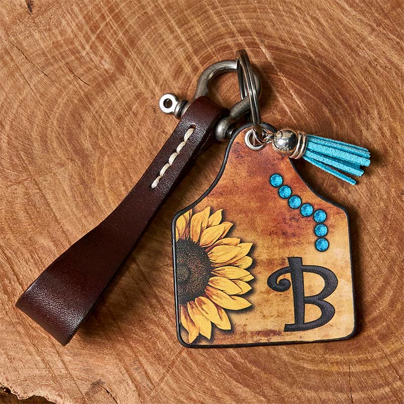 Western Sunflowers Letter Print Pendant Horseshoe Buckle Keychain - image 8